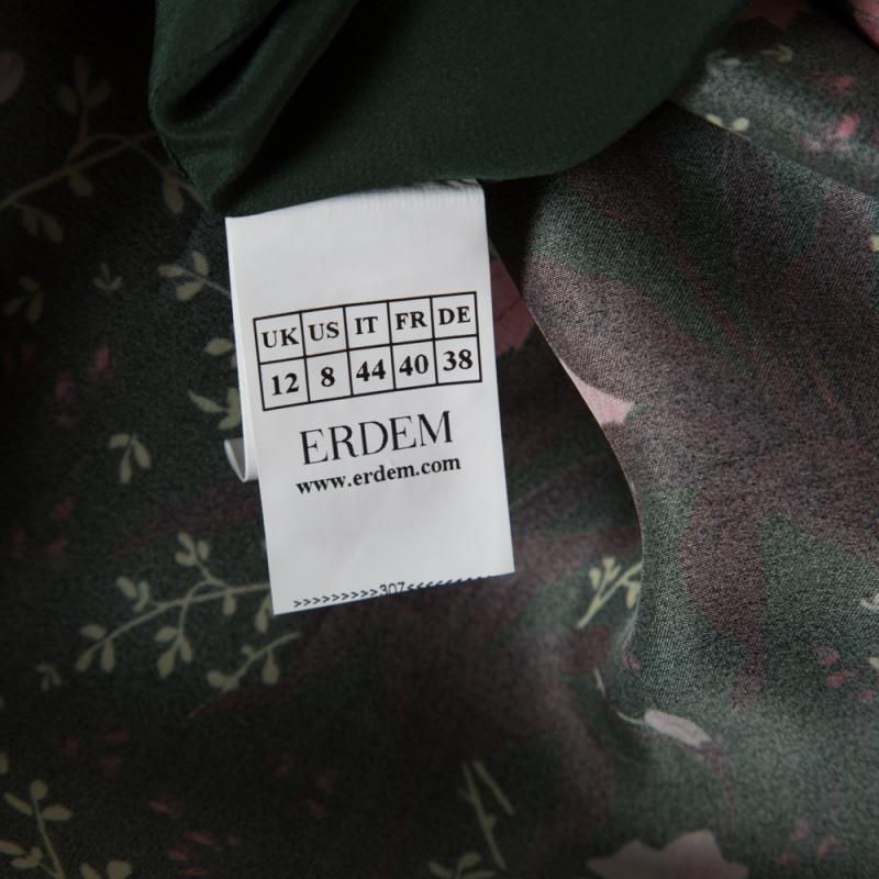 Black Erdem Green Floral Printed Silk Gazar Ruffled Bottom Alouette Gown M