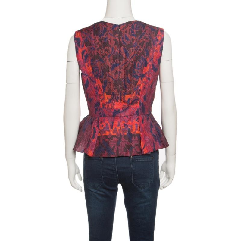 Brown Peter Pilotto Multicolor Textured Water Orchid Print Cloque Peplum Top M