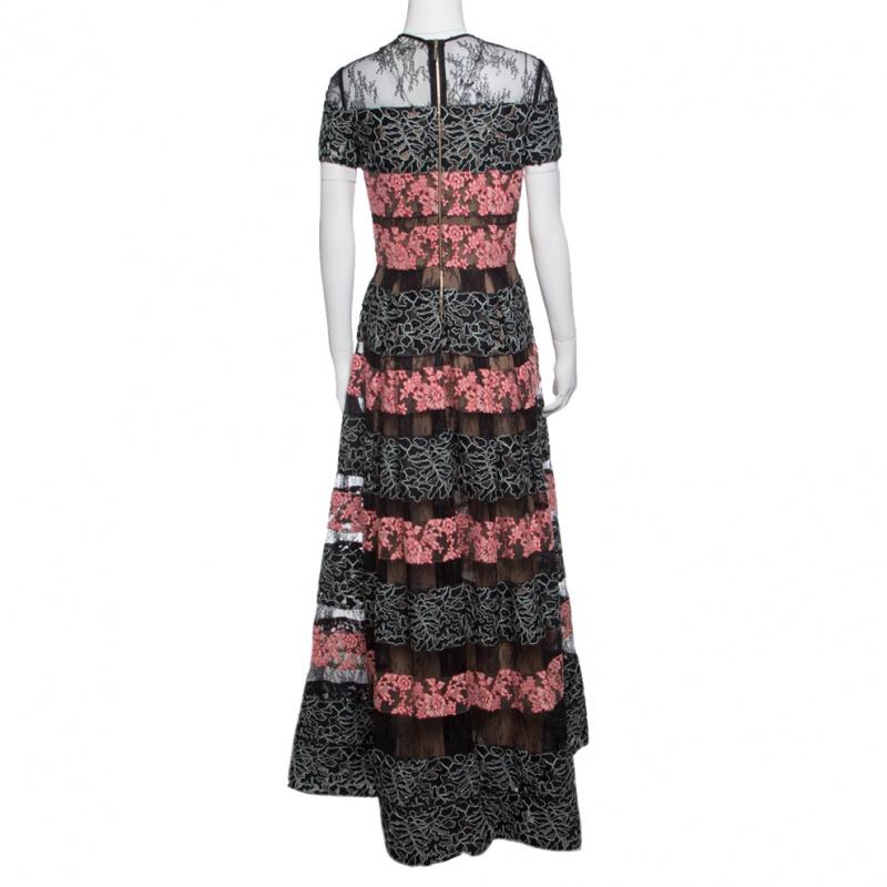 Elie Saab Black and Salmon Pink Paneled Floral Embroidered Tulle Gown S In Good Condition In Dubai, Al Qouz 2