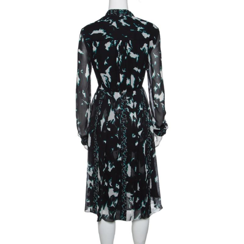 Proenza Schouler Black Printed Silk Pleated Long Sleeve Dress S In Good Condition In Dubai, Al Qouz 2
