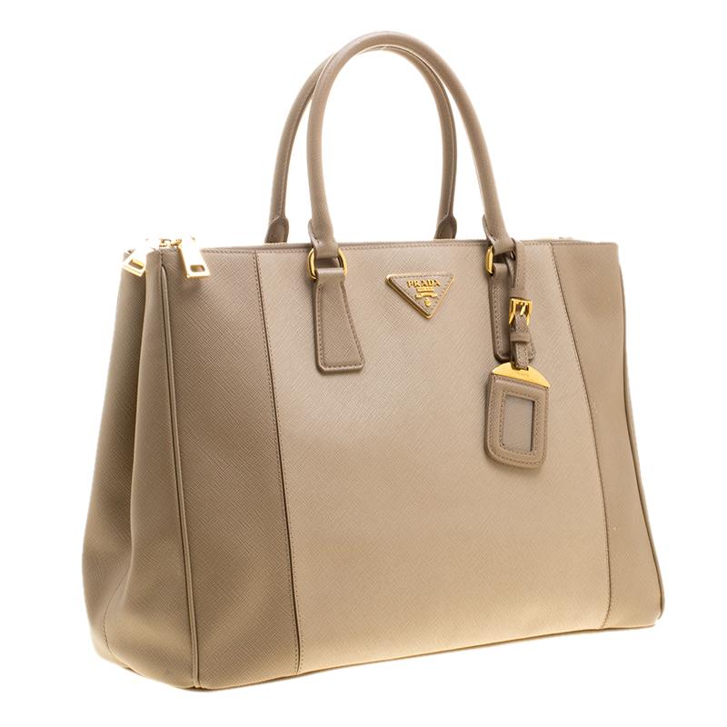 Prada Beige Saffiano Lux Leather Large Double Zip Tote 5