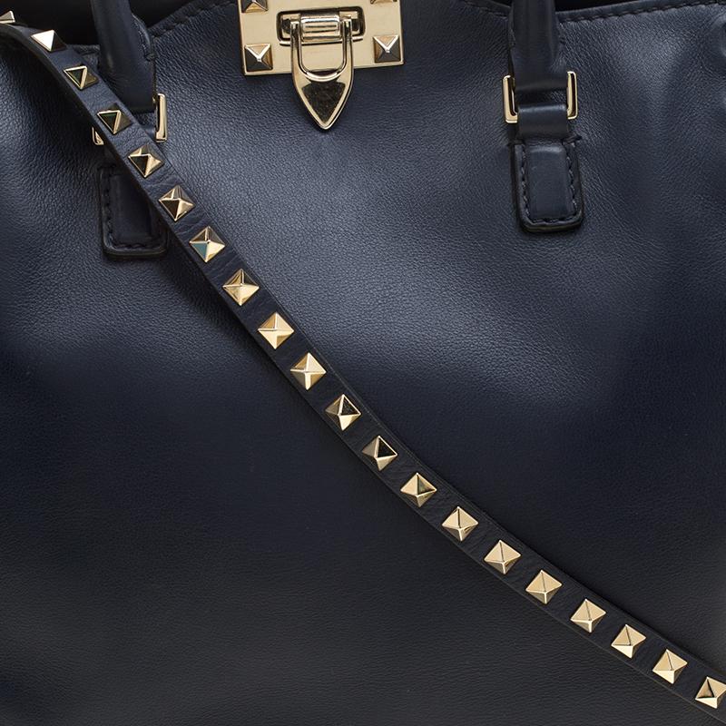 Women's Valentino Navy Blue Leather Medium Rockstud Tote