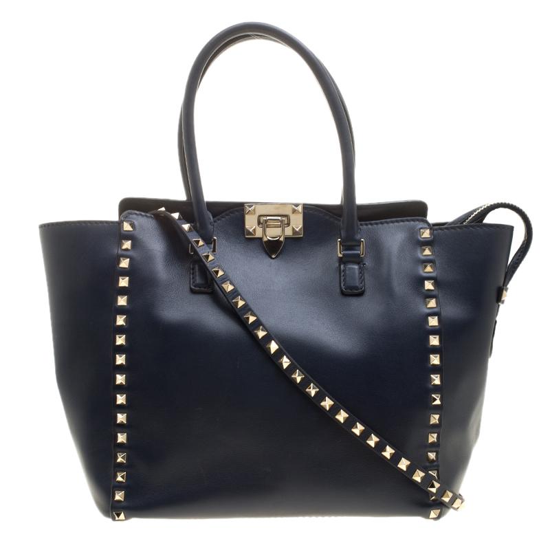 Valentino Navy Blue Leather Medium Rockstud Tote