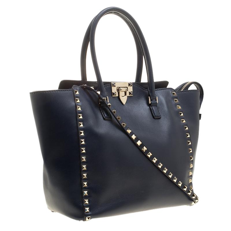 Valentino Navy Blue Leather Medium Rockstud Tote 6