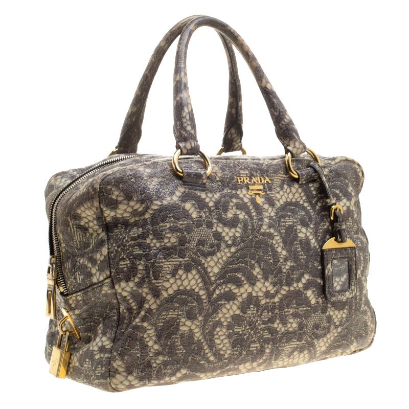 Prada Beige Talco Lace Print Cervo Leather Bowling Bag In Excellent Condition In Dubai, Al Qouz 2