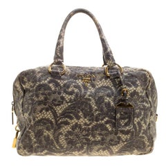 Prada Beige Talco Lace Print Cervo Leather Bowling Bag