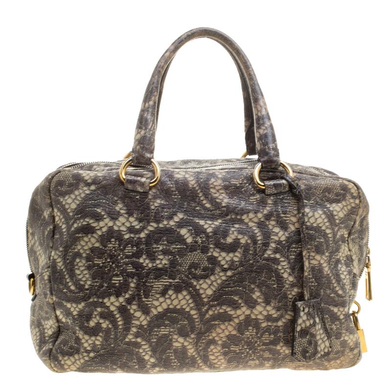 Prada Beige Talco Lace Print Cervo Leather Bowling Bag 1