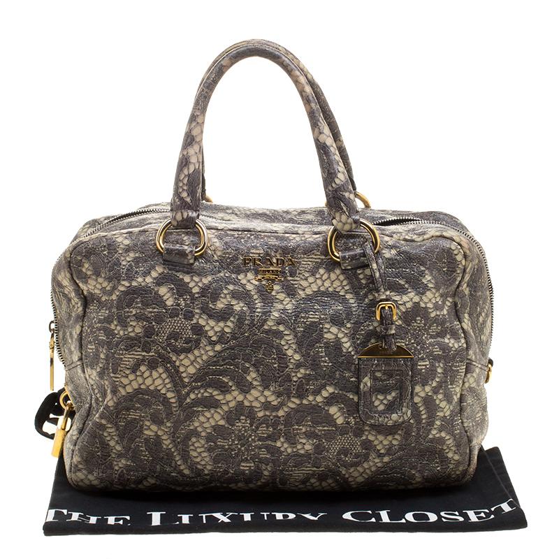 Prada Beige Talco Lace Print Cervo Leather Bowling Bag 5