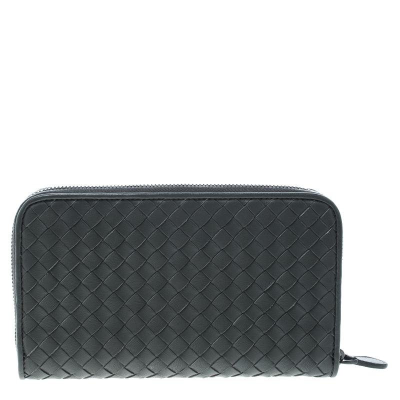 Bottega Veneta Grey Intrecciato Leather Zip Around Wallet