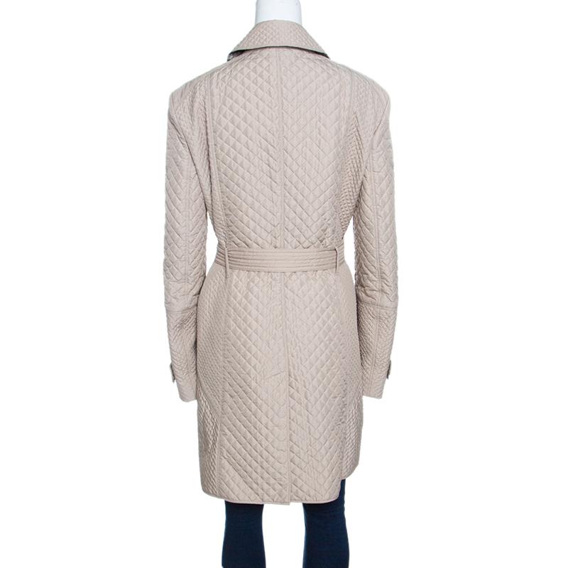 Burberry London Beige Diamond Quilted Belted Long Trench Coat L In Good Condition In Dubai, Al Qouz 2