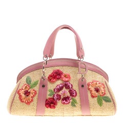 Dior Beige/Pink Straw and Leather Flower Detective Satchel