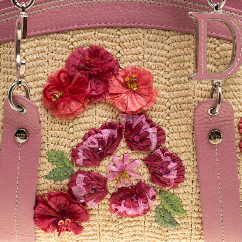 Dior Beige/Pink Straw and Leather Flower Detective Satchel 3