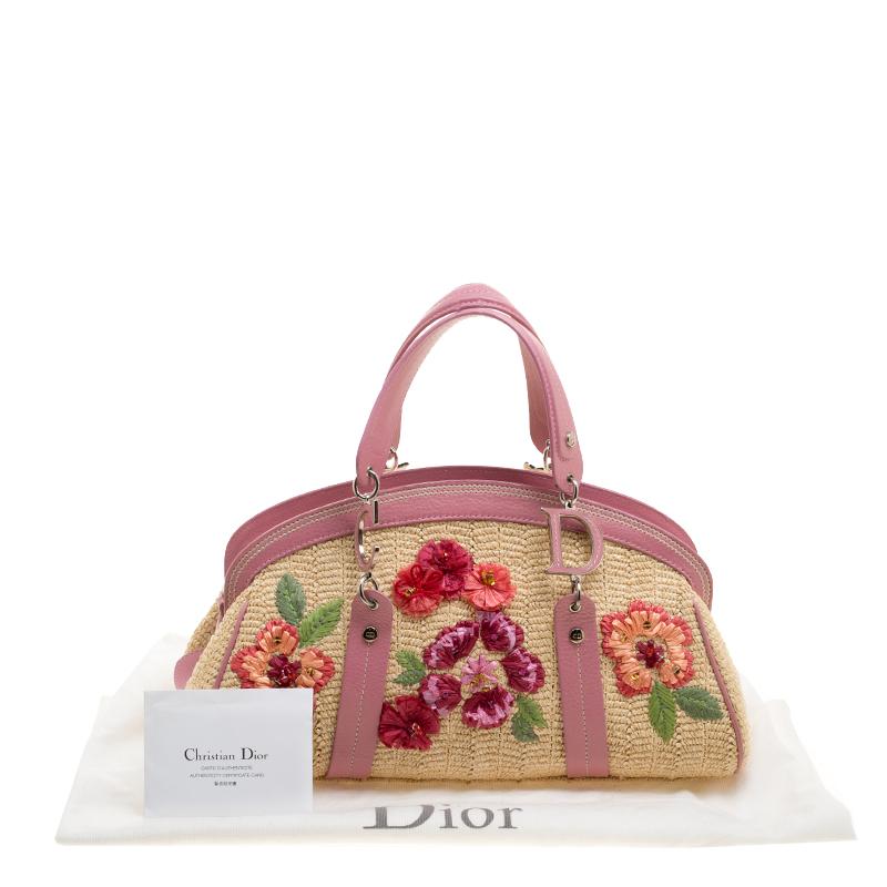 Dior Beige/Pink Straw and Leather Flower Detective Satchel 4