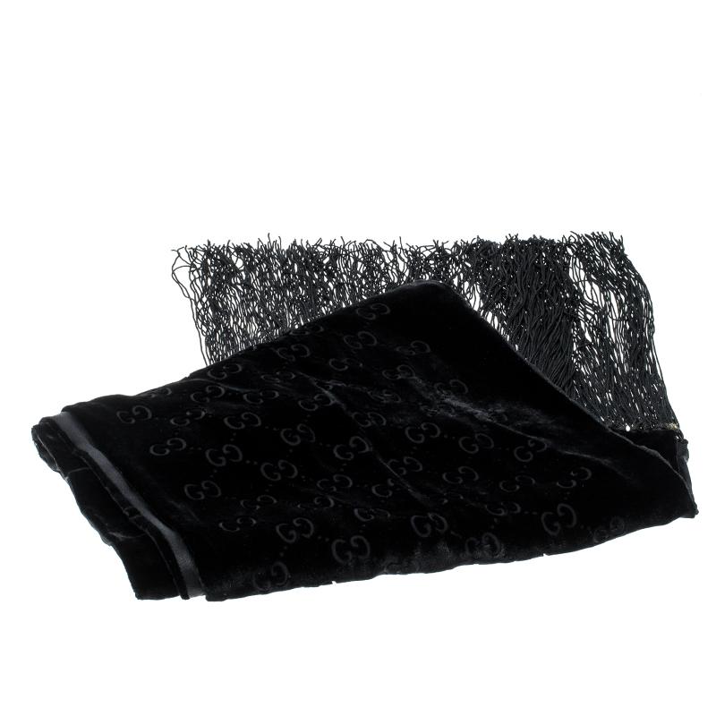 Gucci Black Velvet and Satin Guccissima Pattern Tassel Detail Scarf 1