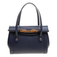 Gucci Navy Blue Leather New Bullet Bamboo Top Handle Bag