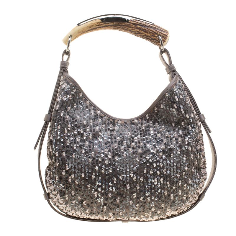 Women's Saint Laurent Grey Sequins and Satin Mombasa Shoulder Bag