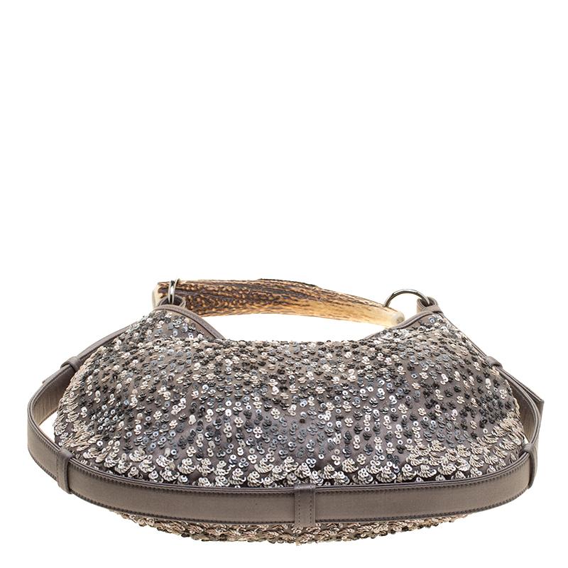 Saint Laurent Grey Sequins and Satin Mombasa Shoulder Bag 2