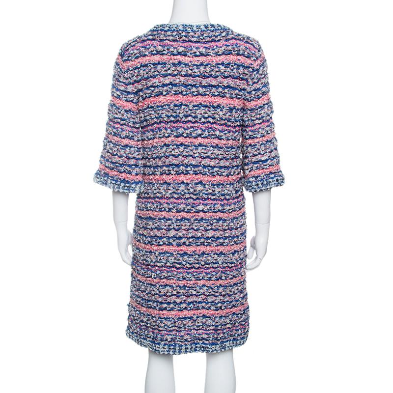 Gray Chanel Multicolor Textured Knit Short Sleeve Dress M