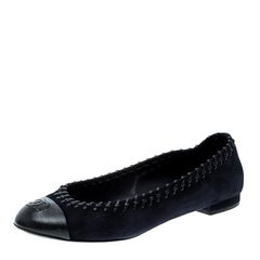 Chanel Two Tone Suede and CC Leather Cap Toe Whip Stitch Trim Ballet Flats Size