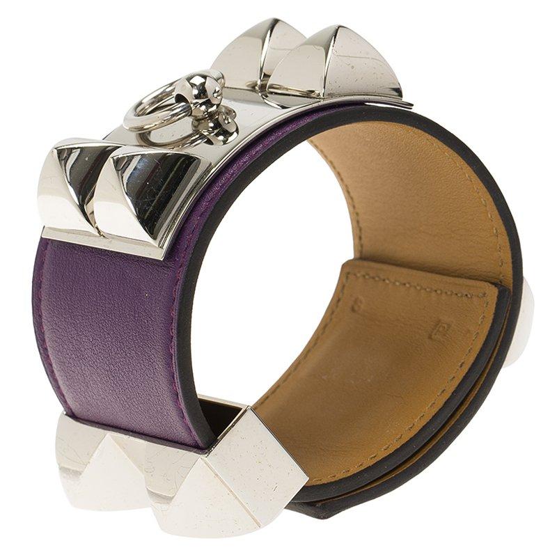 Hermès Collier de Chien Purple Calfskin Leather Palladium Plated Bracelet S 3