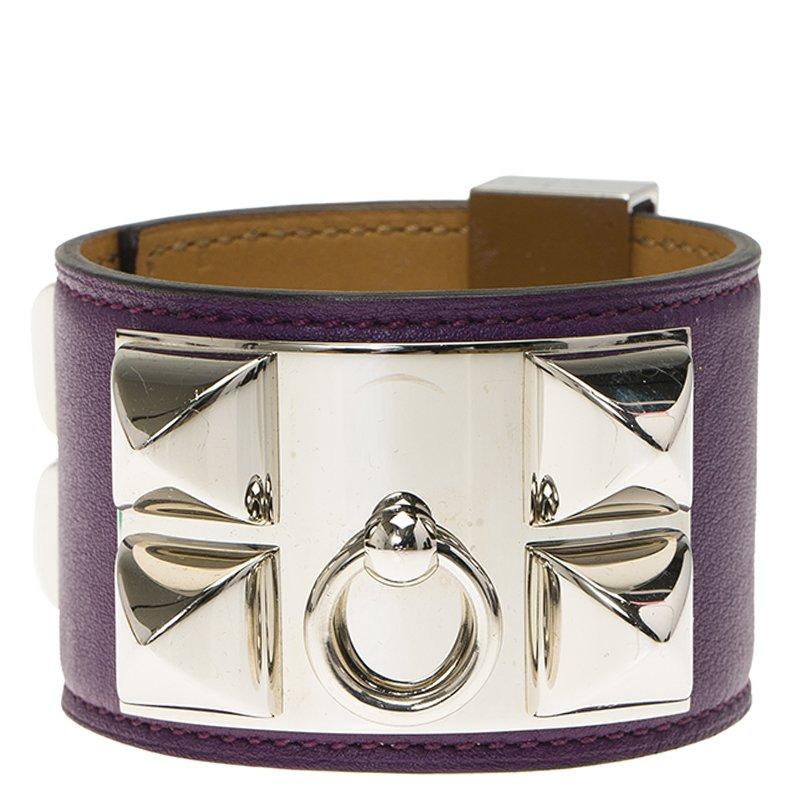 Contemporary Hermès Collier de Chien Purple Calfskin Leather Palladium Plated Bracelet S
