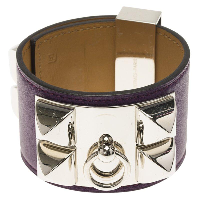 Hermès Collier de Chien Purple Calfskin Leather Palladium Plated Bracelet S