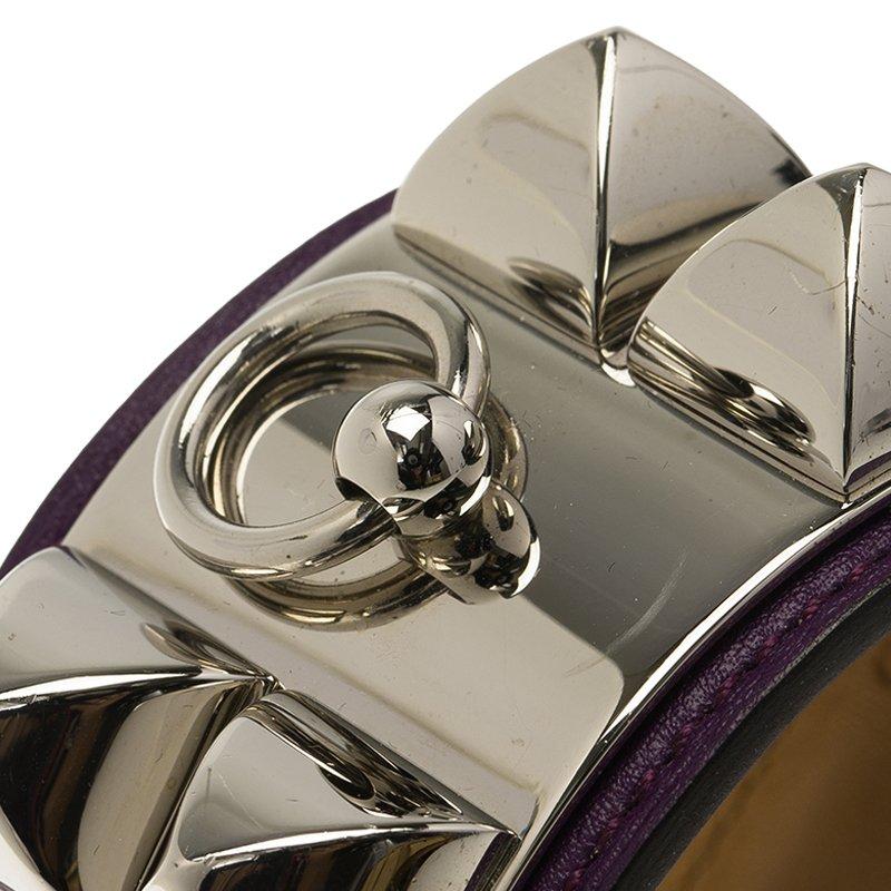 Hermès Collier de Chien Purple Calfskin Leather Palladium Plated Bracelet S 2