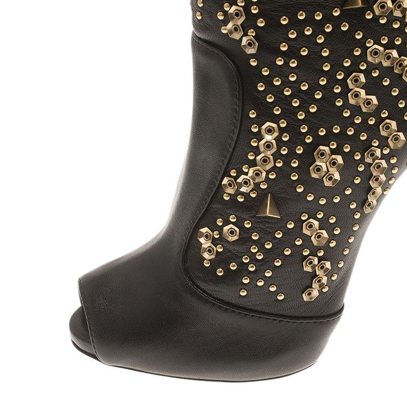 Giuseppe Zanotti Black Studded Leather Coline Peep Toe Mid Calf Boots Size 37 8