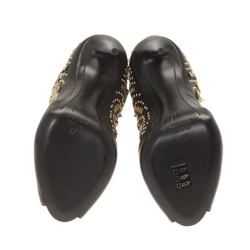 Giuseppe Zanotti Black Studded Leather Coline Peep Toe Mid Calf Boots Size 37 7