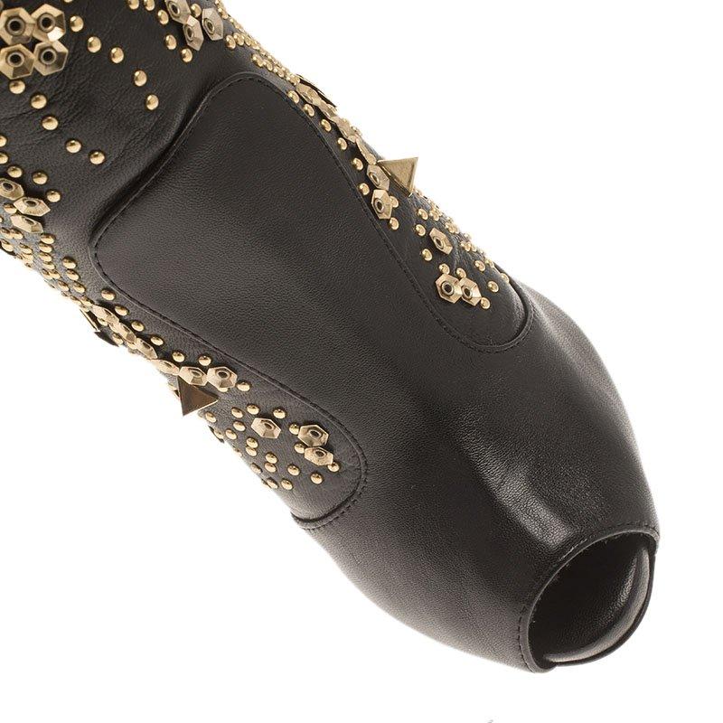 Giuseppe Zanotti Black Studded Leather Coline Peep Toe Mid Calf Boots Size 37 3