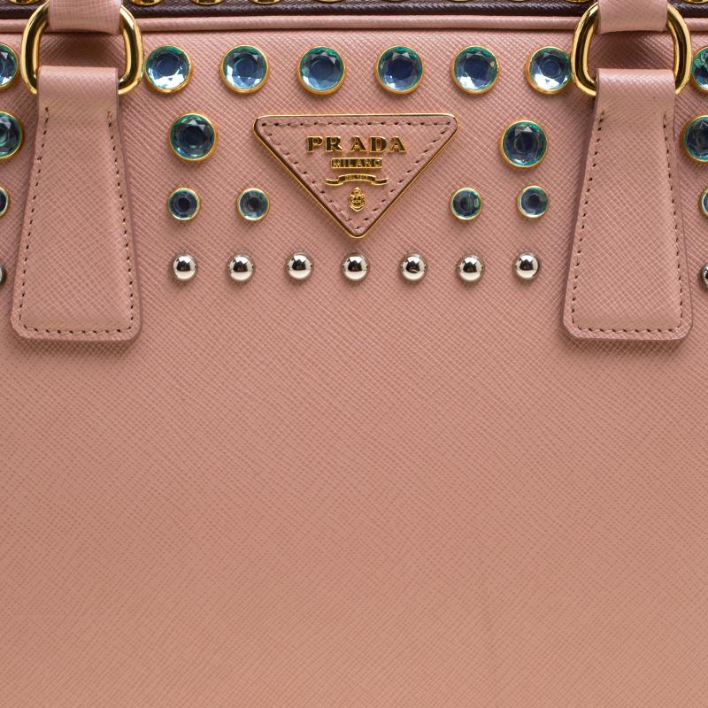 Prada Blush Pink/Burgundy Saffiano Lux Leather Pyramid Frame Top Handle Bag 1