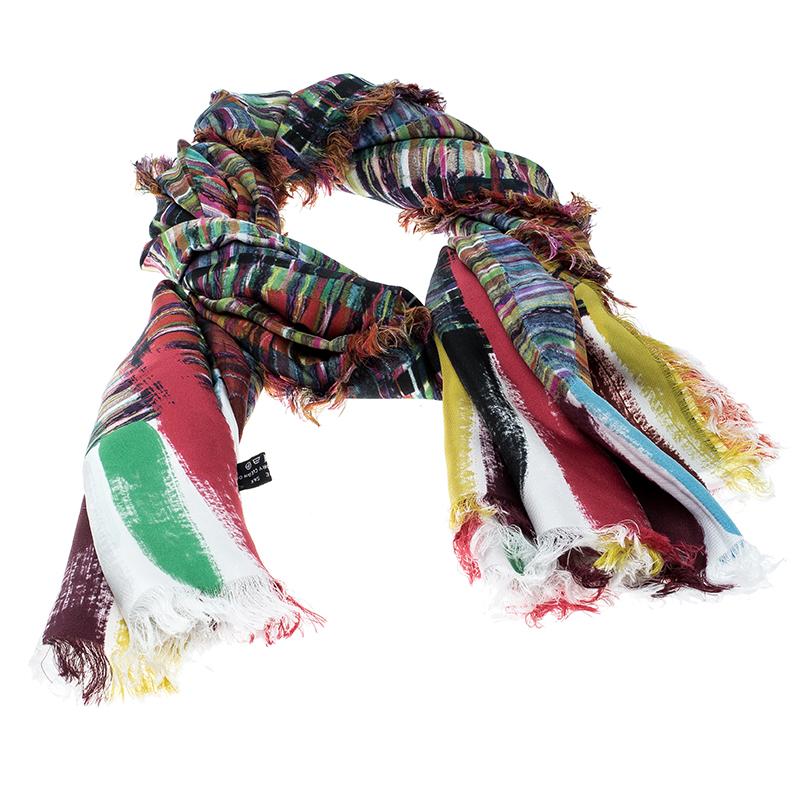 Women's Chanel Multicolor Printed Silk Fringed Edged Scarf