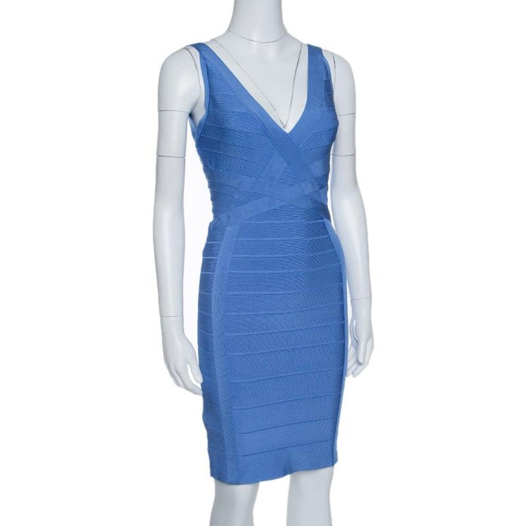 Herve Leger French Blue Sleeveless Bandage Dress S For Sale at 1stDibs