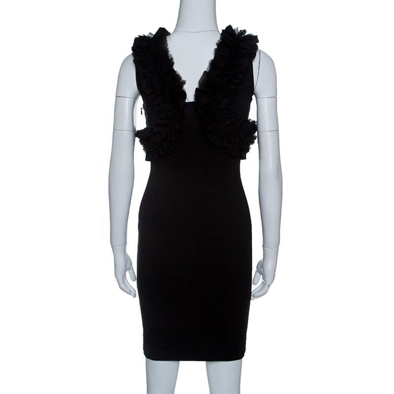 DSquared2 Black Jersey Ruffle Trim Sleeveless Bodycon Dress S In Good Condition In Dubai, Al Qouz 2