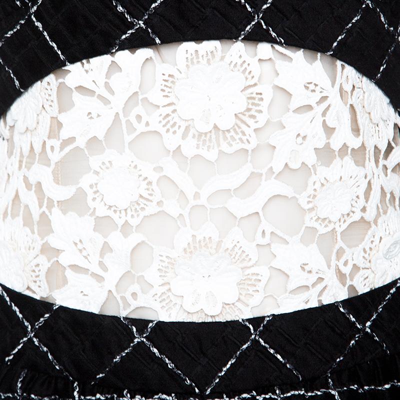 Women's Chanel Monochrome Textured Checked Pattern Lace Insert Sleeveless Dress M