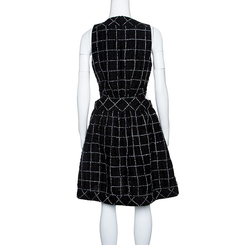 Black Chanel Monochrome Textured Checked Pattern Lace Insert Sleeveless Dress M