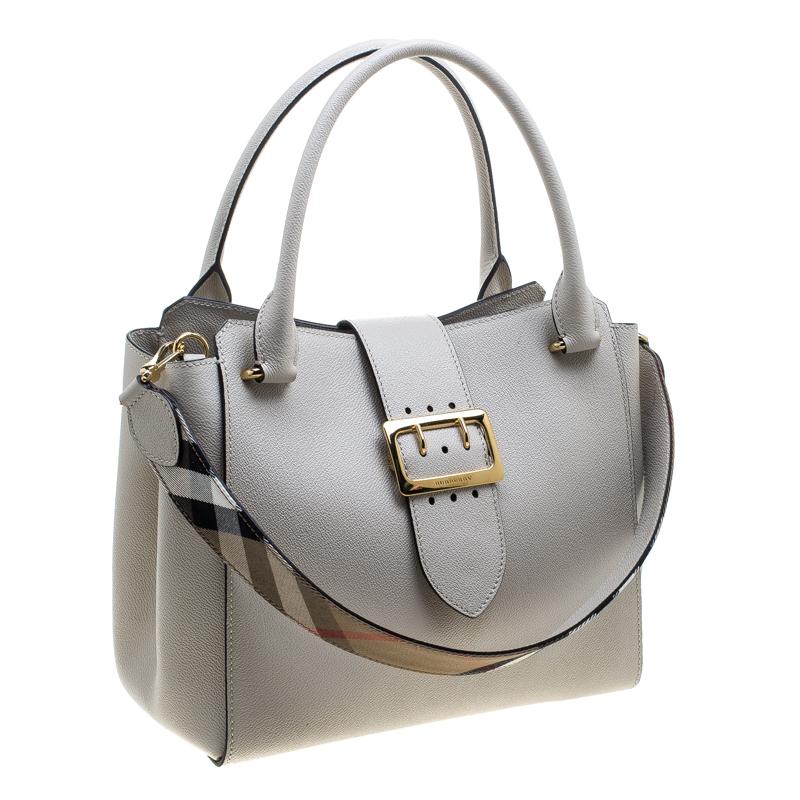 Gray Burberry Off White Leather Medium Buckle Tote