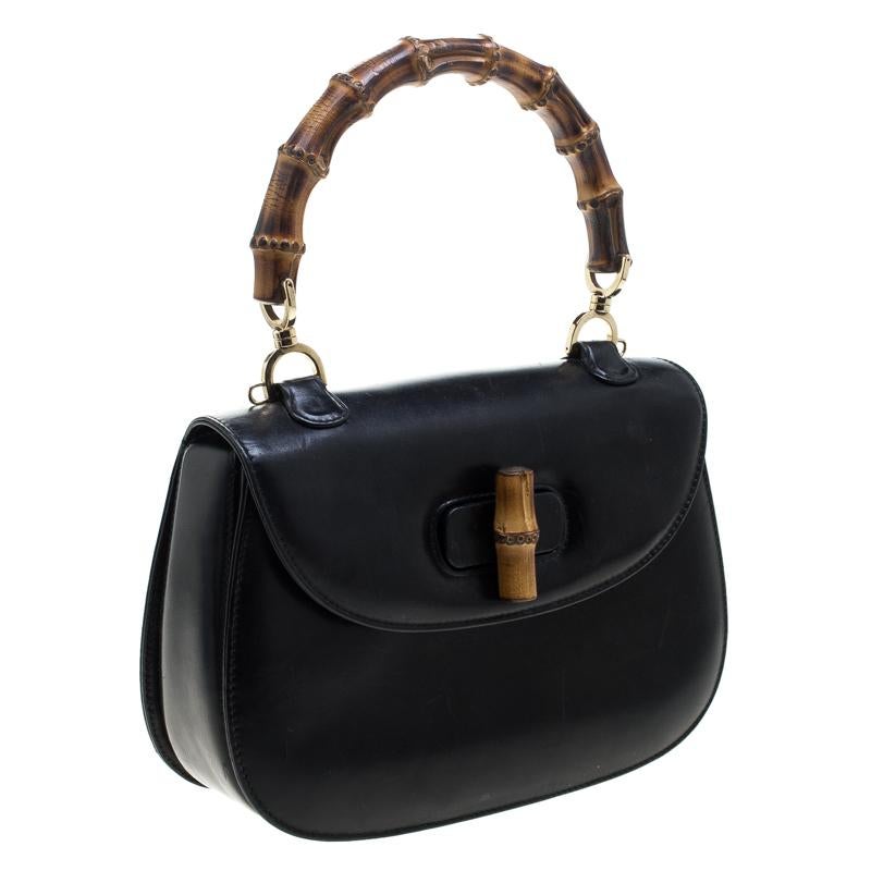 Gucci Black Leather New Bamboo Top Handle Bag In Excellent Condition In Dubai, Al Qouz 2