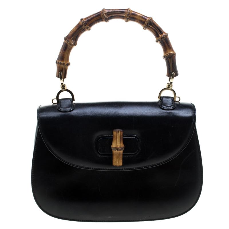 Gucci Black Leather New Bamboo Top Handle Bag