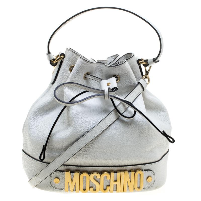 Moschino White Leather Drawstring Bucket Bag