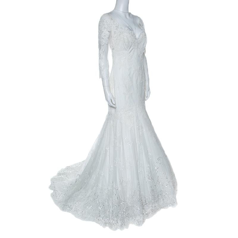 Gray Bliss Monique Lhuillier White Floral Embroidered Sequined Mermaid Wedding Gown M