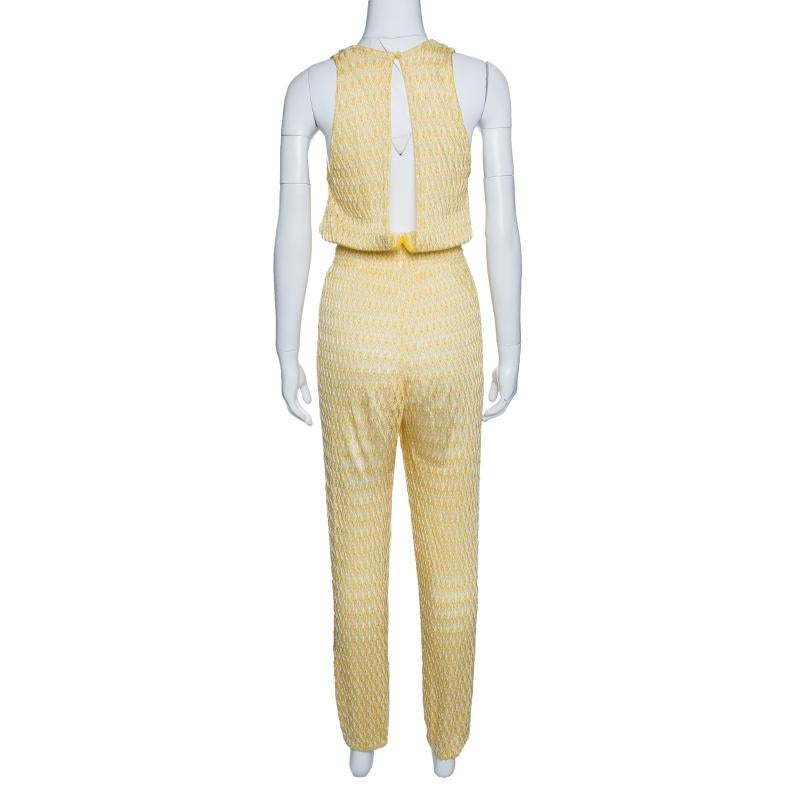 Beige Missoni Mare Yellow Perforated Knit Smocked Waist Sleeveless Jumpsuit S