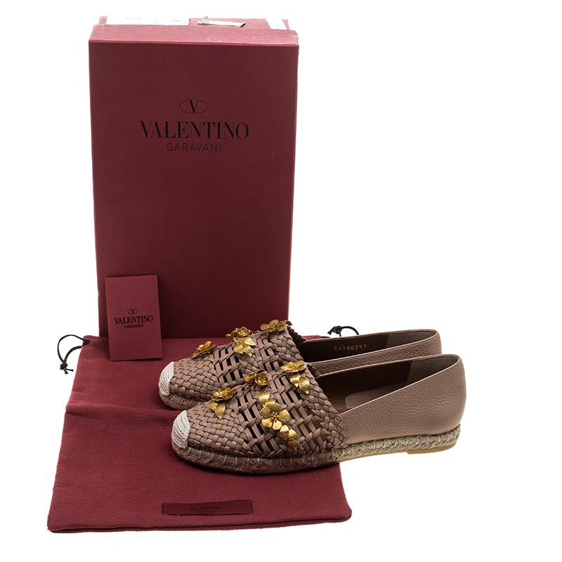 Valentino Beige Woven Leather Floral Embellished Espadrilles Size 37 4