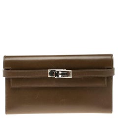 Hermes Olive Barenia Box Calf Leather Long Kelly Wallet