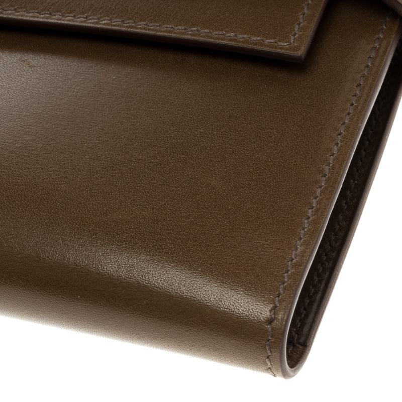 Brown Hermes Olive Barenia Box Calf Leather Long Kelly Wallet