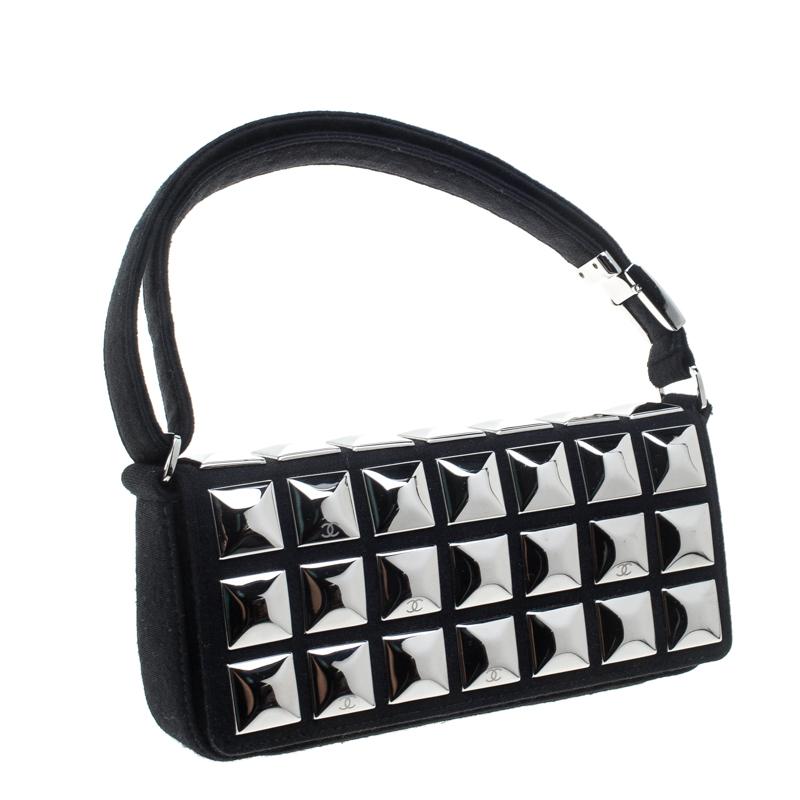 Chanel Black Jersey CC Pyramid Stud Flap Shoulder Bag 3