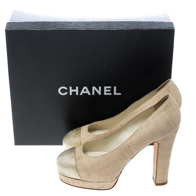 Chanel Beige Raffia with Patent Leather CC Cap Toe Platform Pumps Size 37.5 4