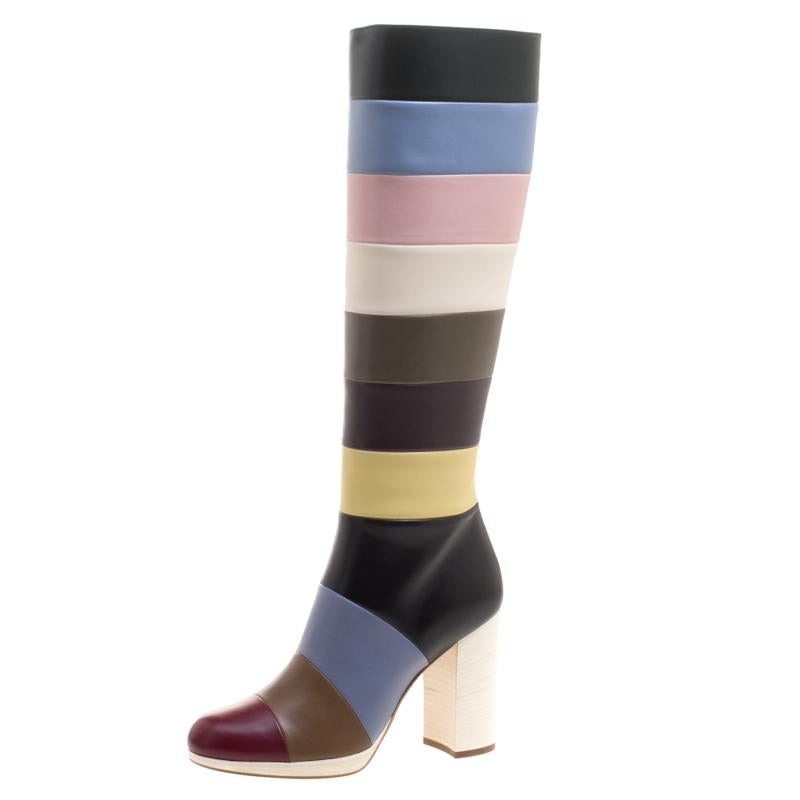 Valentino Multicolor Striped Leather Knee Boots Size 37