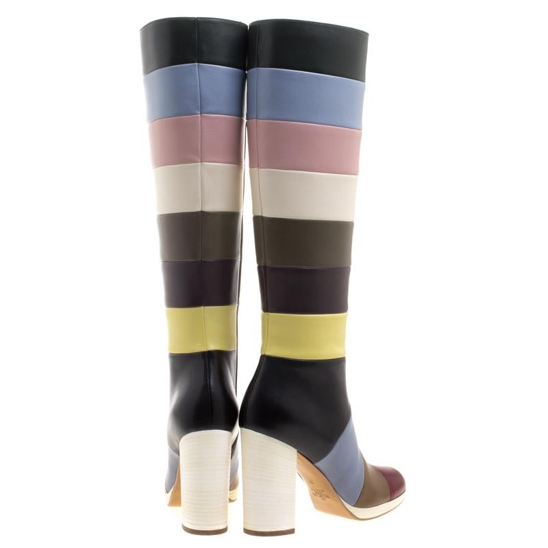 Gray Valentino Multicolor Striped Leather Knee Boots Size 37