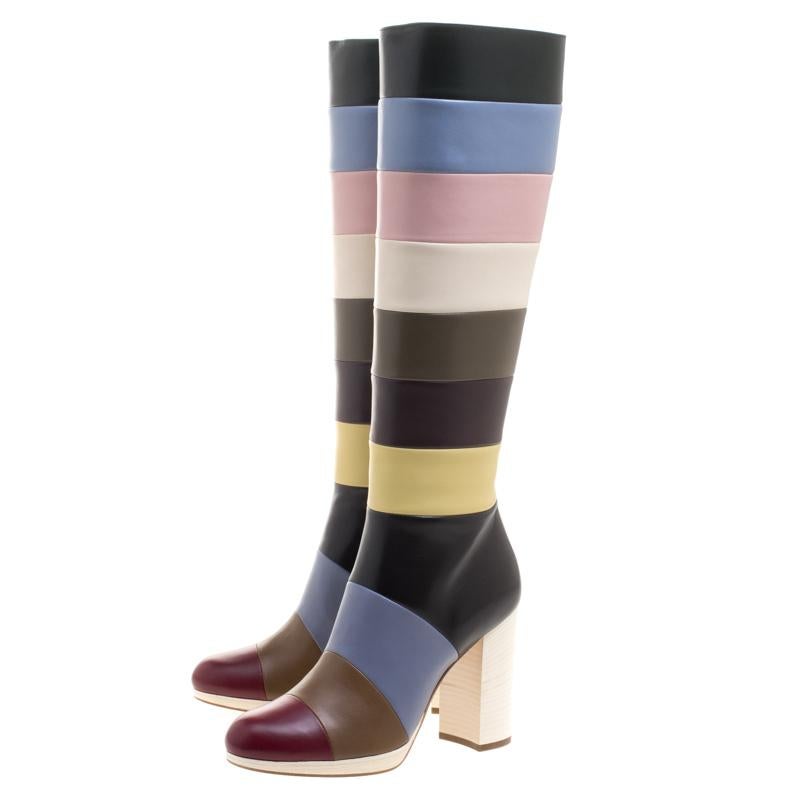 Valentino Multicolor Striped Leather Knee Boots Size 37 3